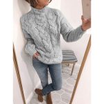 Chunky Knit Turtleneck Cardigan Sweater Yellow, Pink, & Gray - Image 4