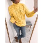 Chunky Knit Turtleneck Cardigan Sweater Yellow, Pink, & Gray - Image 10