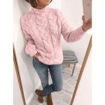 Chunky Knit Turtleneck Cardigan Sweater Yellow, Pink, & Gray