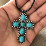 Stylish Cross Pendant Necklace with Turquoise Inlay