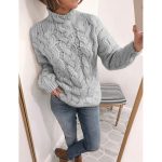 Chunky Knit Turtleneck Cardigan Sweater Yellow, Pink, & Gray - Image 9