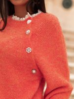 Fuzzy Knit Oversized Sweater Pearl Orange & Beige Holiday Style - Image 6