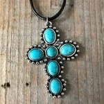 Stylish Cross Pendant Necklace with Turquoise Inlay - Image 4