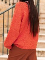 Fuzzy Knit Oversized Sweater Pearl Orange & Beige Holiday Style - Image 7