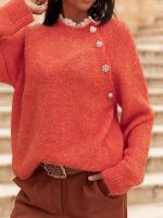 Fuzzy Knit Oversized Sweater Pearl Orange & Beige Holiday Style - Image 5