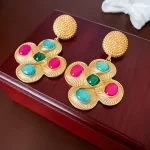 Retro Flower Inlay Alloy Opal Drop Earrings - Image 3