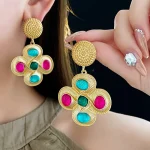 Retro Flower Inlay Alloy Opal Drop Earrings - Image 4