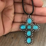 Stylish Cross Pendant Necklace with Turquoise Inlay - Image 2