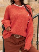 Fuzzy Knit Oversized Sweater Pearl Orange & Beige Holiday Style - Image 8