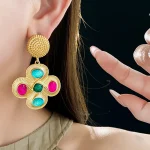 Retro Flower Inlay Alloy Opal Drop Earrings - Image 2